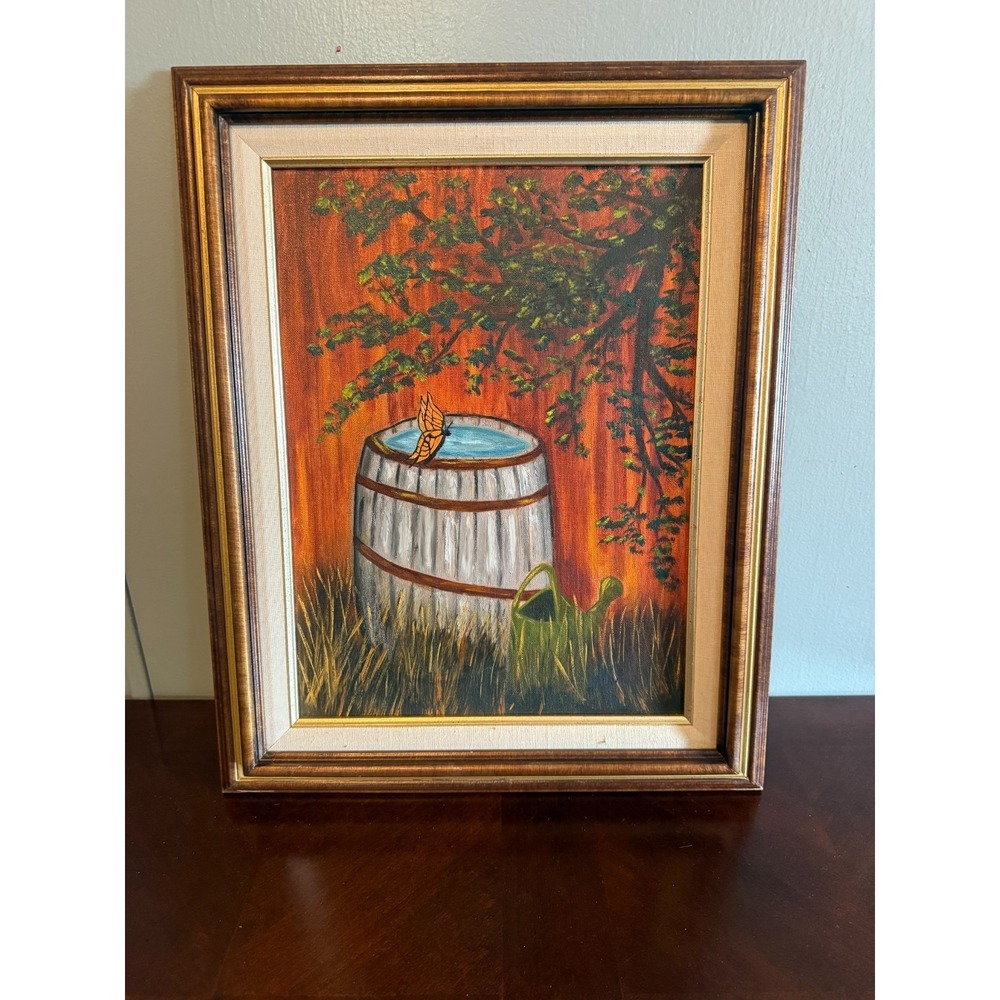 Vintage Framed Farmhouse Painting Barrel Butterfly Rustic Wall Art Canvas